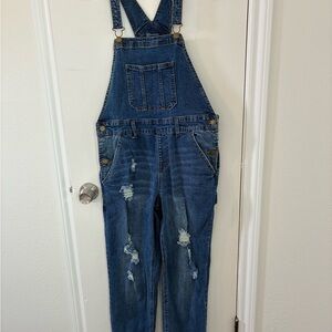 No Boundaries Dark Blue Denim Overalls with Orange Stitching
